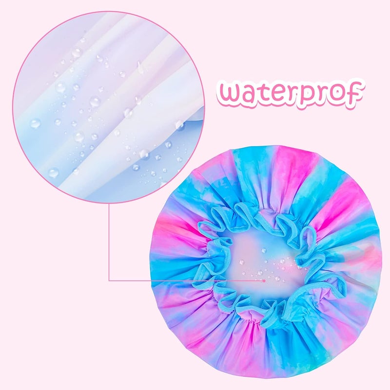 OlyPegic Kids Shower Cap, 3 Pcs Girls Shower Cap for Kids Reusable Waterproof Adjustable Large Hair Cap Unicorn Tie Dye Cute Hair Cover Hat - Image 3